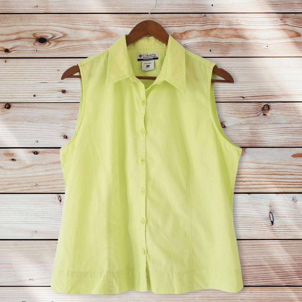 COLUMBIA Sleeveless Button Up Neon Green Top, 100% Cotton - Size L